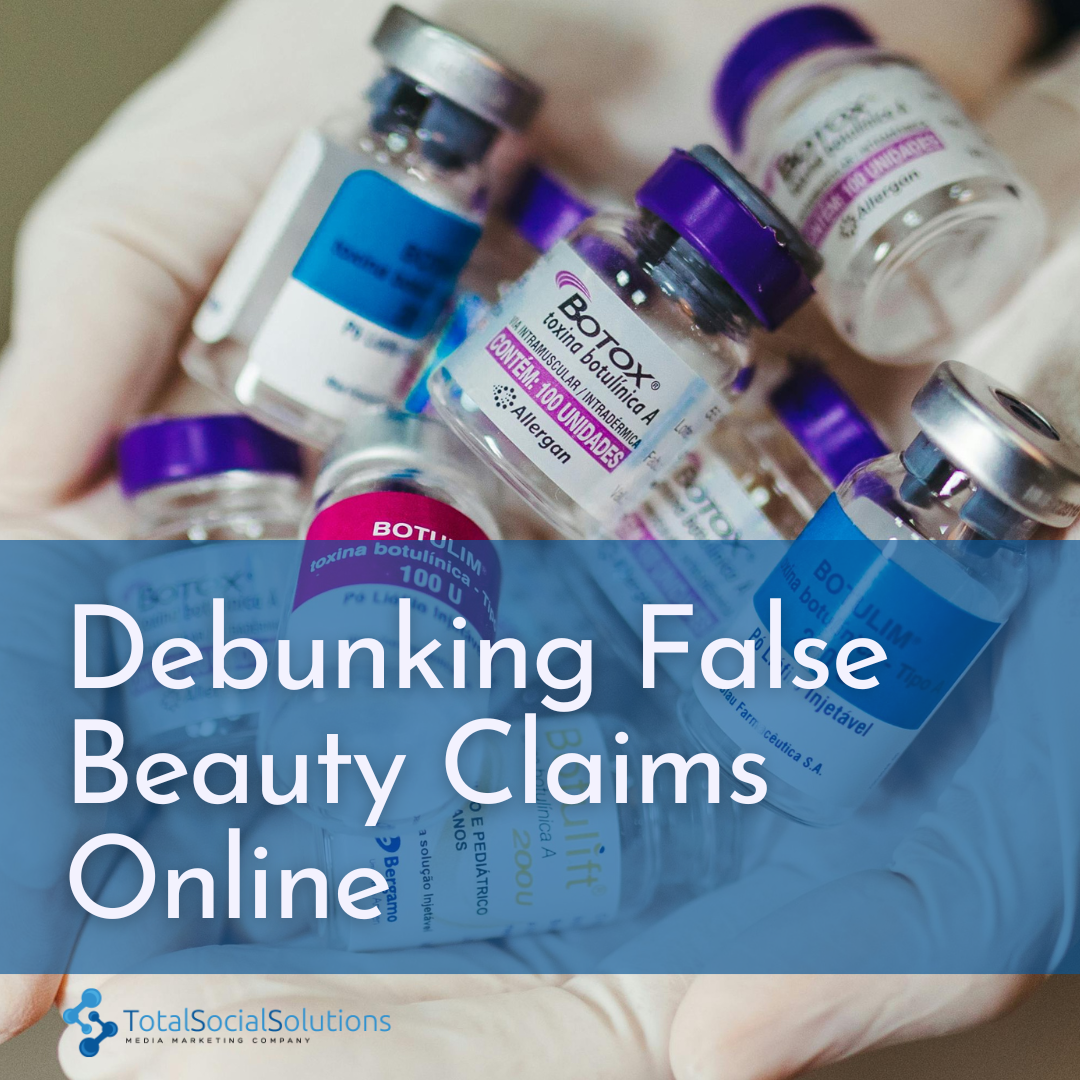 handful of botox and fake botox vials with copy reading Debunking False Beauty Claims Online